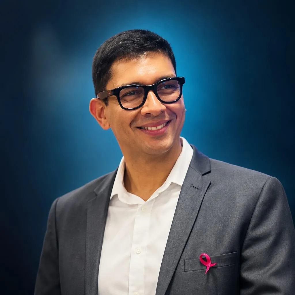 Retrato do Dr. Diogo Milioli com laço rosa na lapela